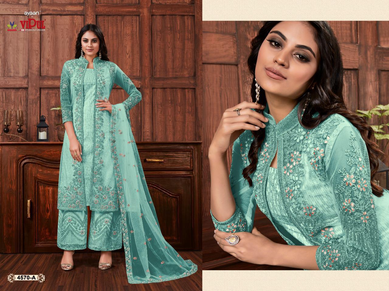 Vipul Fashion Pristine 4570 colors Premium Quality Palazzo Salwar Kameez  Net Fabric Embroidered Designer Long Koti Style Salwar Suit Single Piece  wholesale Supplier from Surat at Best Price - Full Set -